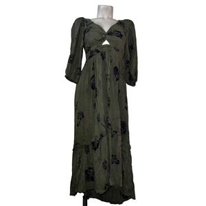 Angie Womens Green Floral Twist Front Cutout Maxi Dress Boho Puff Sleeve Size S